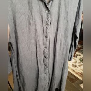 Lisa Bayne Dark Gray Buttoned Collared Shirt Dress Pockets 100% Linen Small